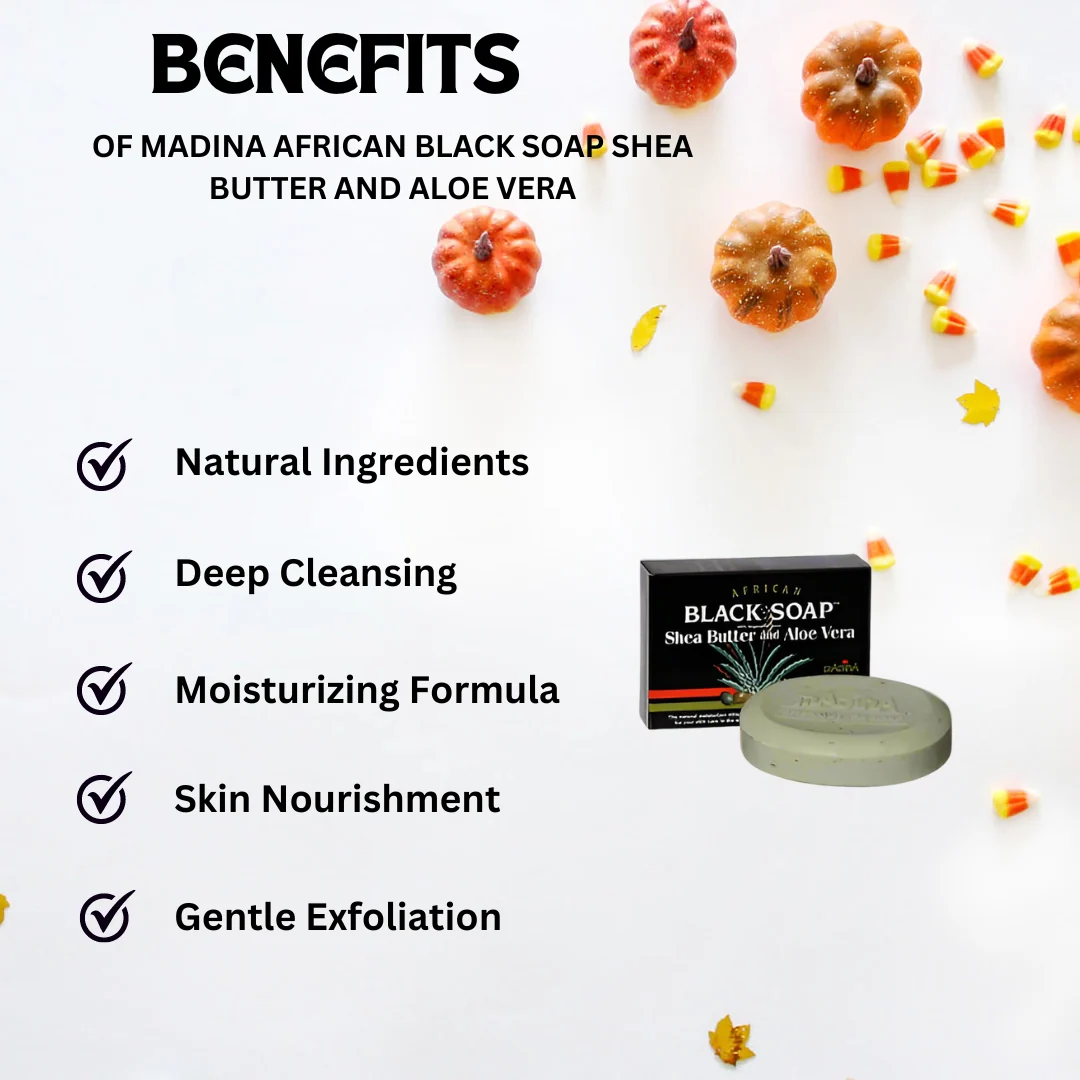 Madina African Black Soap Shea Butter and Aloe Vera 3.5 oz pack of 6 - Image 2